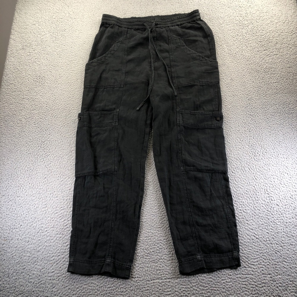 Free People Pants Womens Medium Black Linen Blend Cargo Utility Lagenlook Boho - Picture 2 of 14